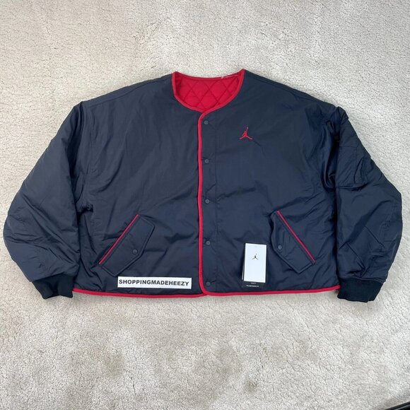 [XL] JORDAN Essentials FLIGHT JACKET Quilted Woven Reversible Snap Black Red - Picture 1 of 12